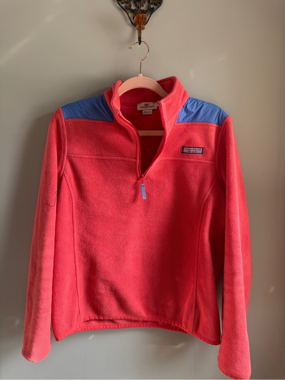 Vineyard Vines Coral Pink Quarter-Zip Pullover with Periwinkle Shoulder Panels-M